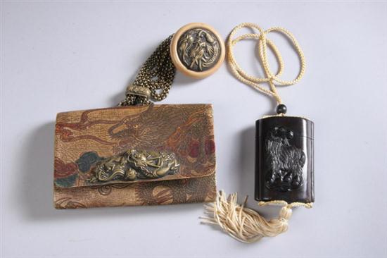 JAPANESE LEATHER POUCH AND OJIME.