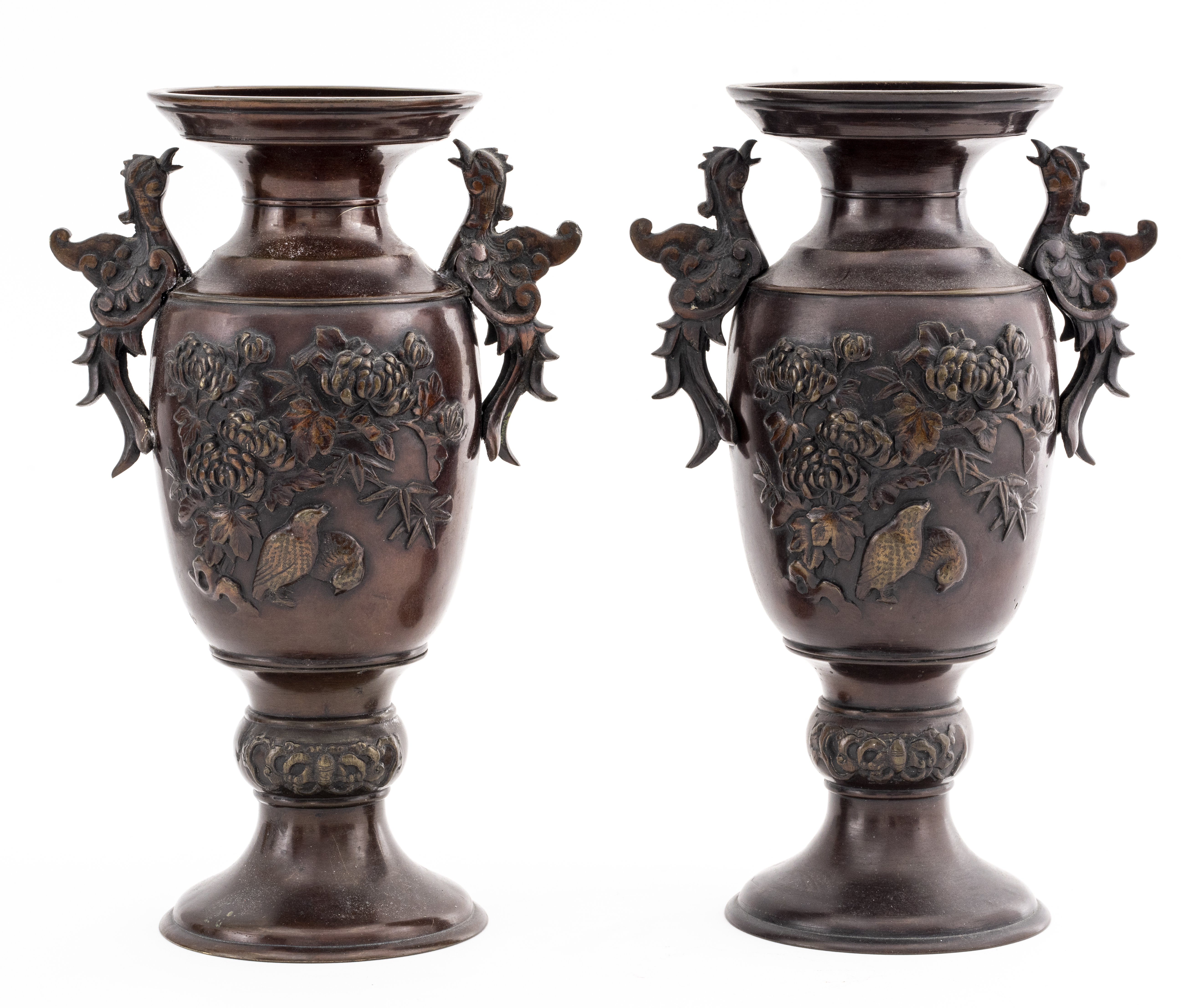 JAPANESE MEIJI BRONZE VASES, PAIR