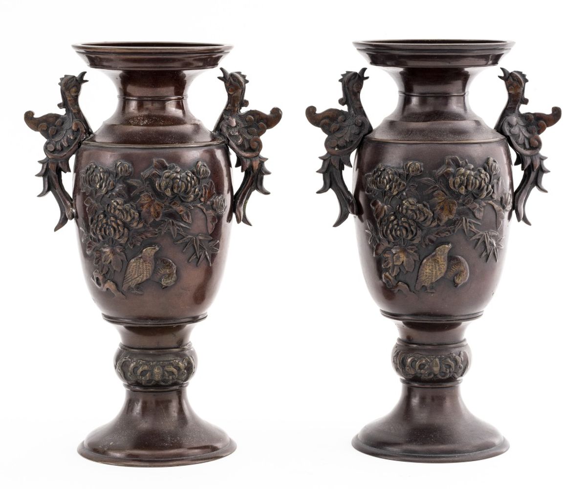 JAPANESE MEIJI BRONZE VASES, PAIR