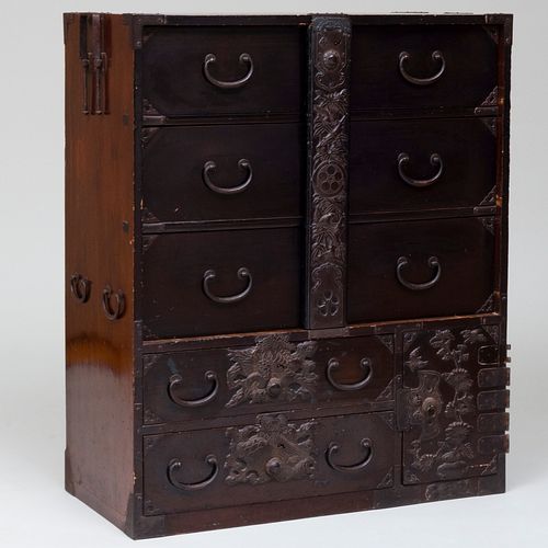 JAPANESE METAL-MOUNTED STAINED WOOD