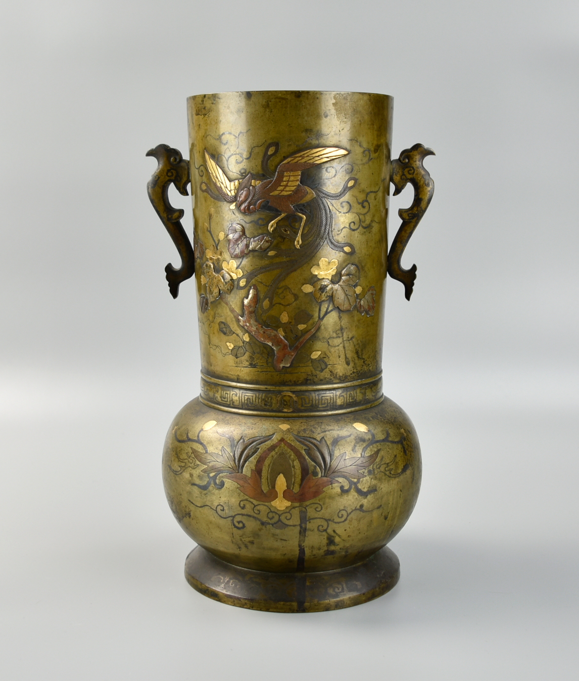 JAPANESE MIXED METAL BRONZE VASE,