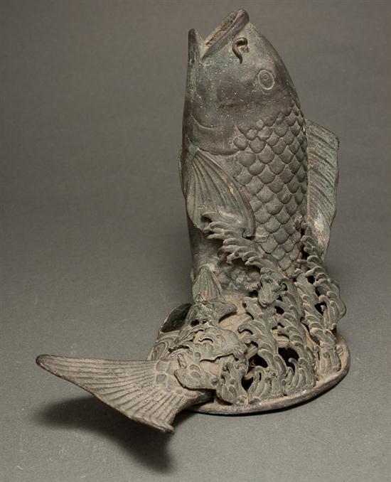 Japanese patinated lead carp-form