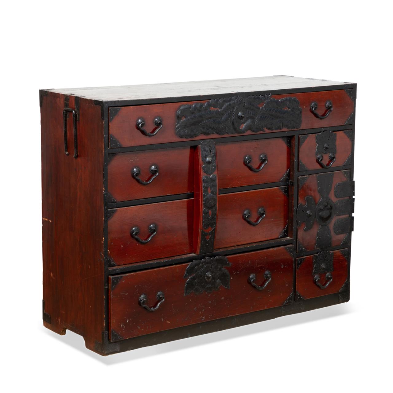 JAPANESE RED STAINED TANSU CHEST W/