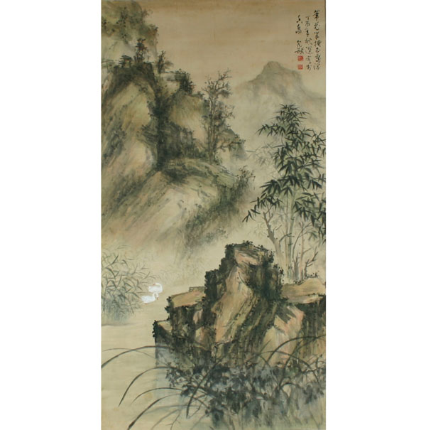 Japanese silk scroll depicting a