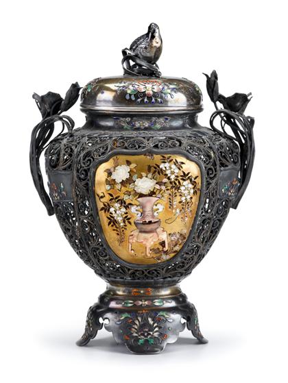 Japanese silver, enamel and applied