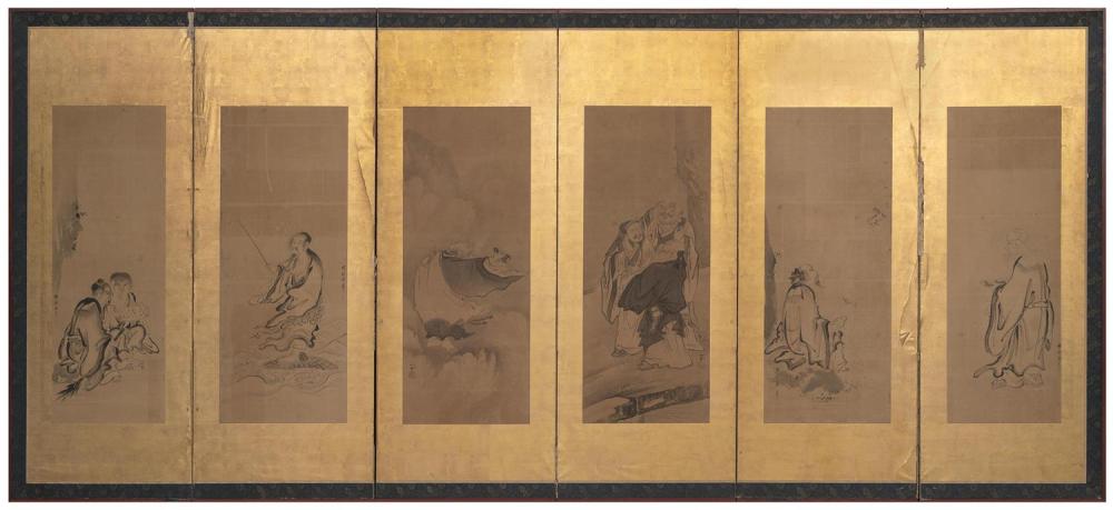 JAPANESE SIX-PANEL SCREEN MOUNTED