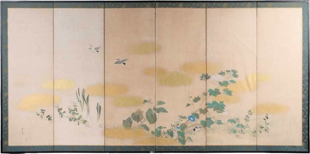 JAPANESE SIX PANEL SCREEN, SIGNED