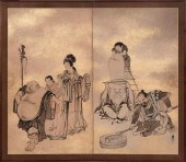 JAPANESE SUMI-PAINTED TWO-PANE