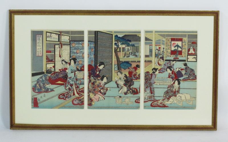 Japanese Triptych Woodblock 19th
