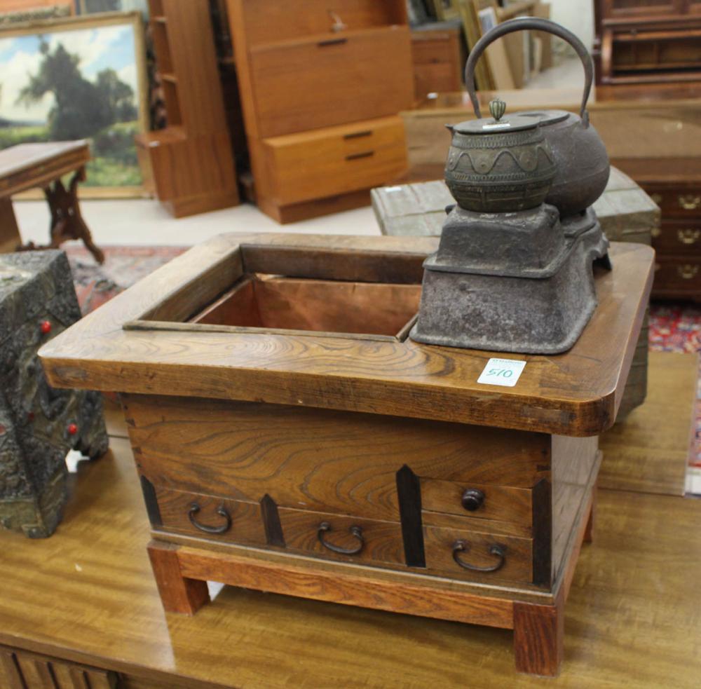JAPANESE WOOD HIBACHI AND CAST-IRON