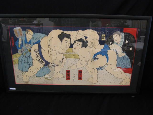 Japanese Woodblock Triptych of Sumo