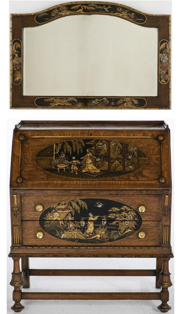 JAPANNED OAK SLANT FRONT DESK AND