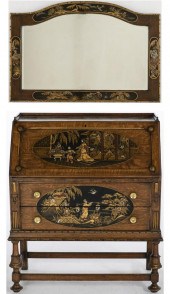 JAPANNED OAK SLANT FRONT DESK
