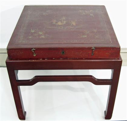 Japanned red lacquer box on stand