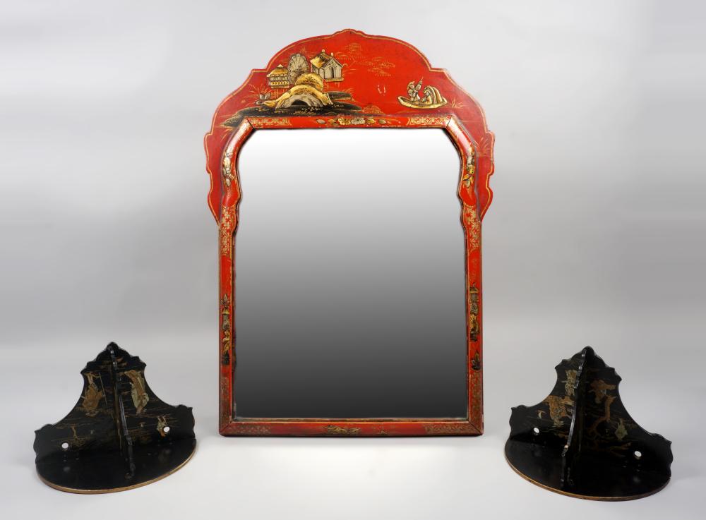JAPANNED VANITY MIRROR WITH PAIR OF