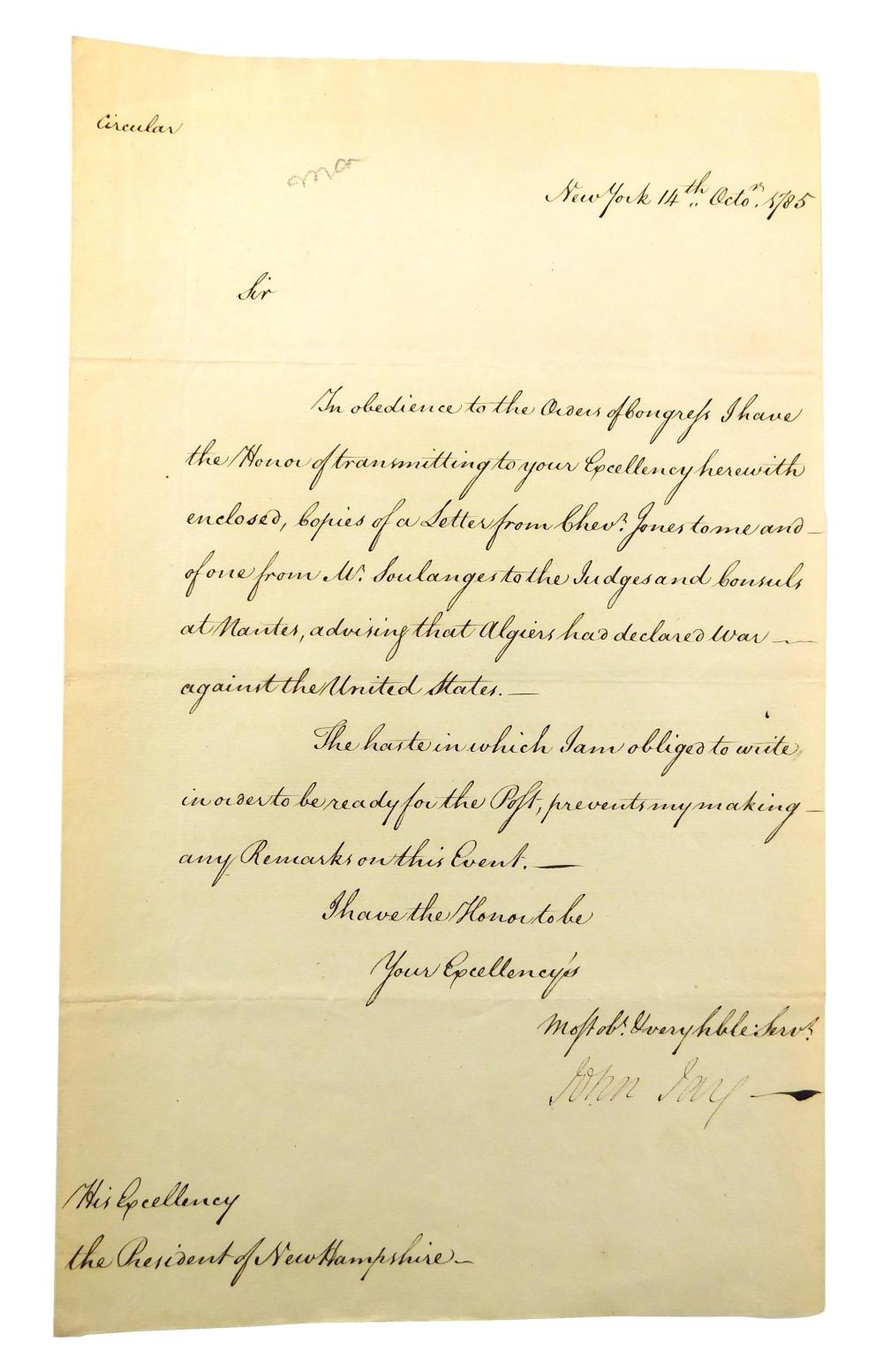JAY, JOHN. LETTER, SIGNED TO "HIS