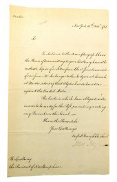 JAY, JOHN. LETTER, SIGNED TO "