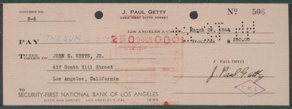 JEAN PAUL GETTY SIGNED CHECKCheck
