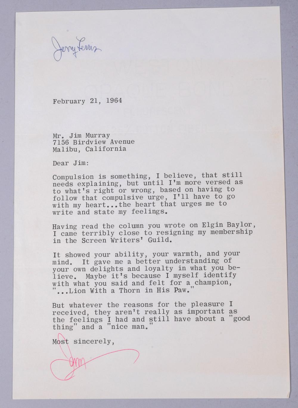 JERRY LEWIS. AUTOGRAPH LETTER