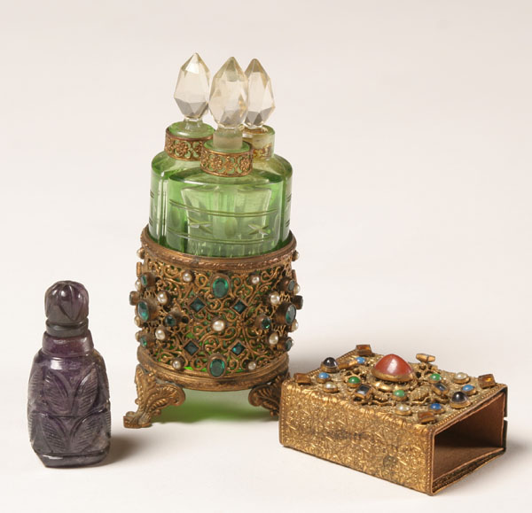Jeweled matchbox cover, three glass