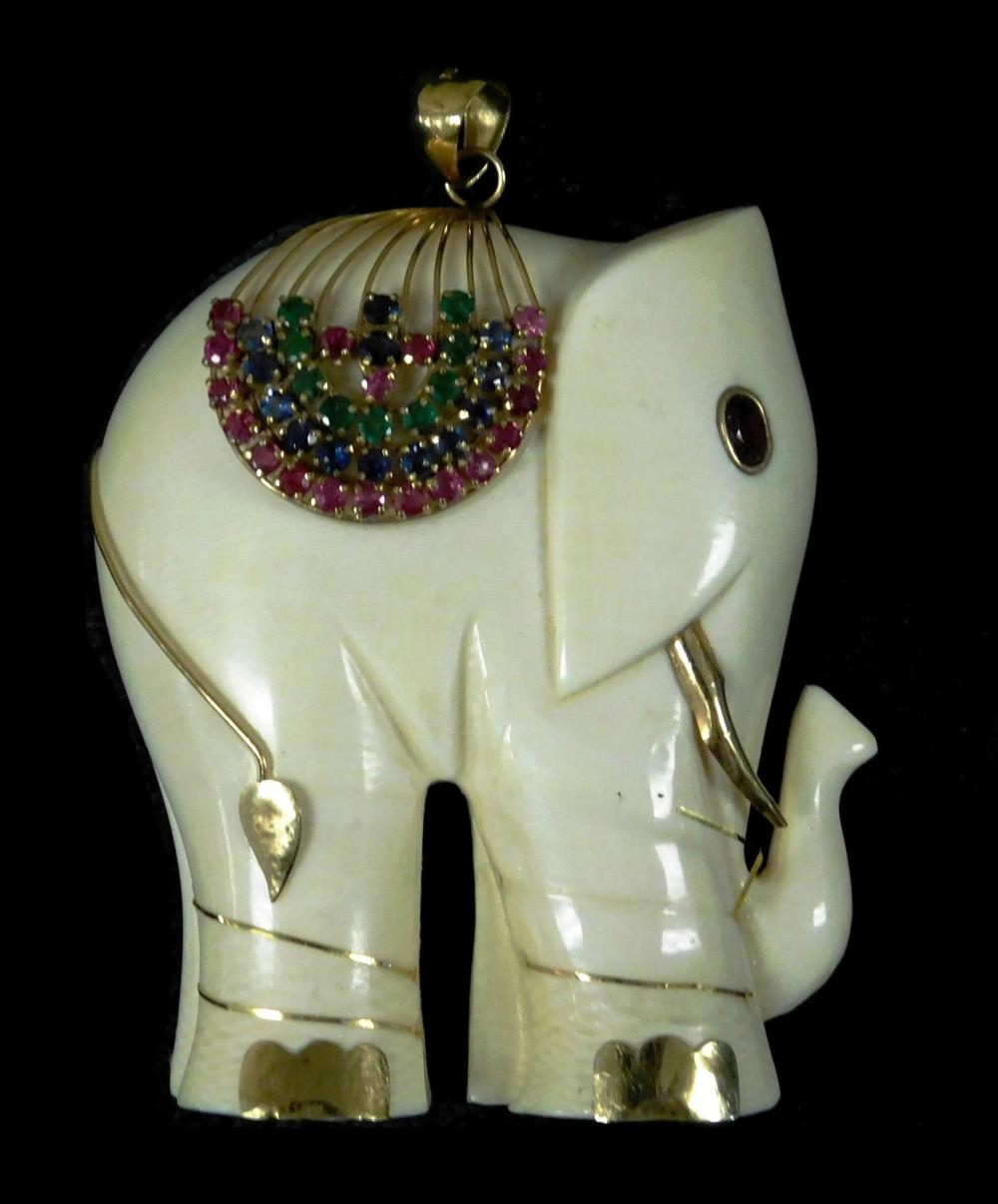 JEWELRY: 14K CARVED BONE ELEPHANT
