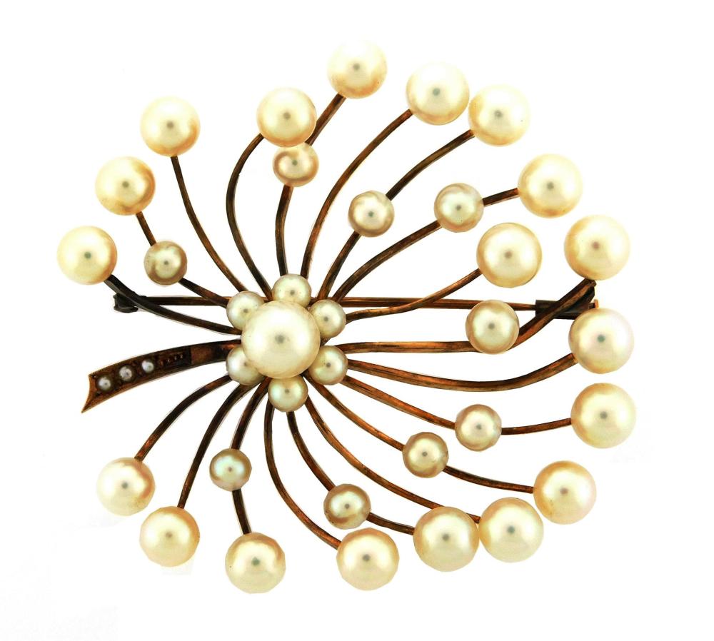 JEWELRY: 14K CULTURED PEARL SPRAY