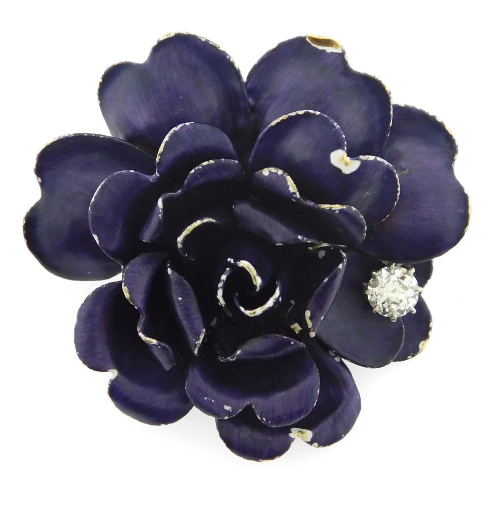 JEWELRY: 14K ENAMELED PANSY DIAMOND