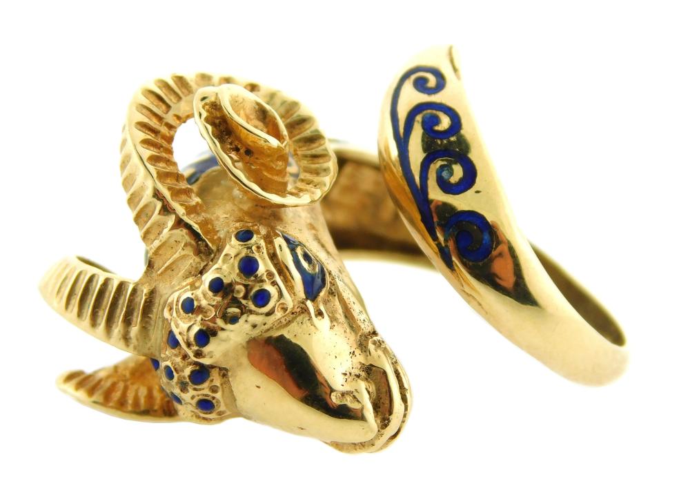 JEWELRY: 14K ENAMELED RAM’S HEAD