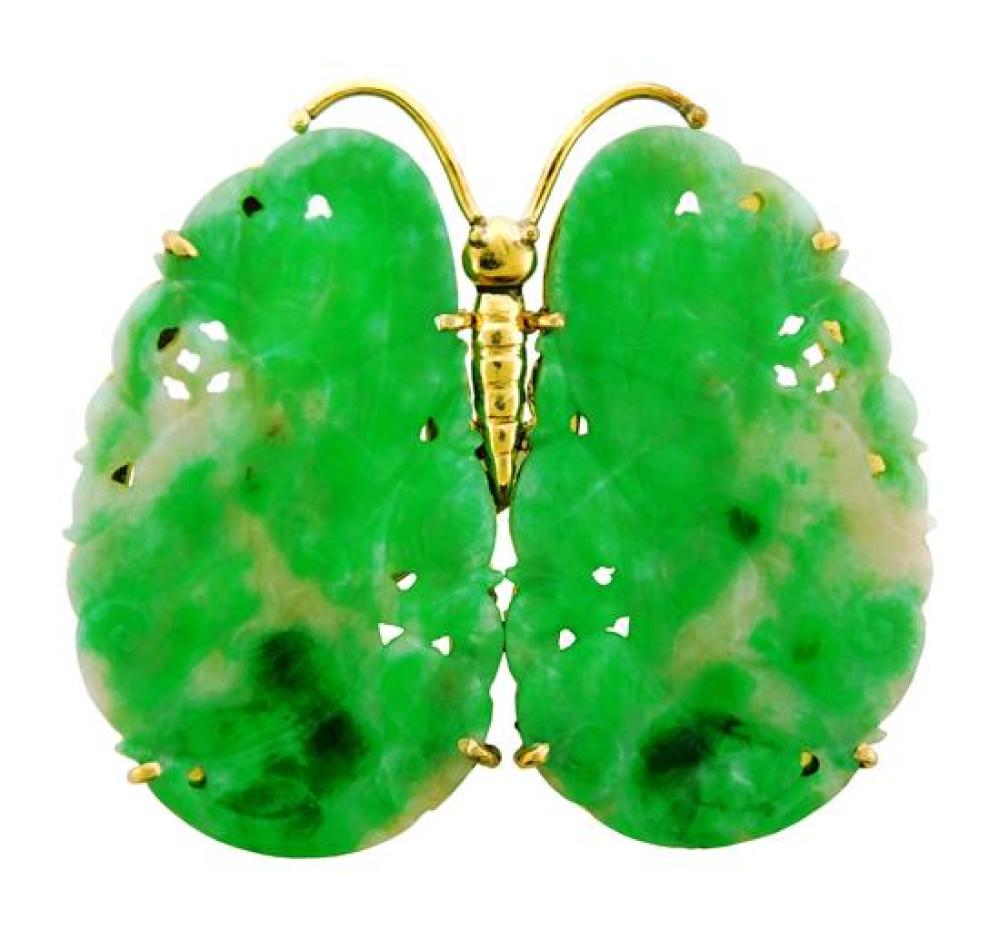JEWELRY: 14K JADE BUTTERFLY BROOCH,