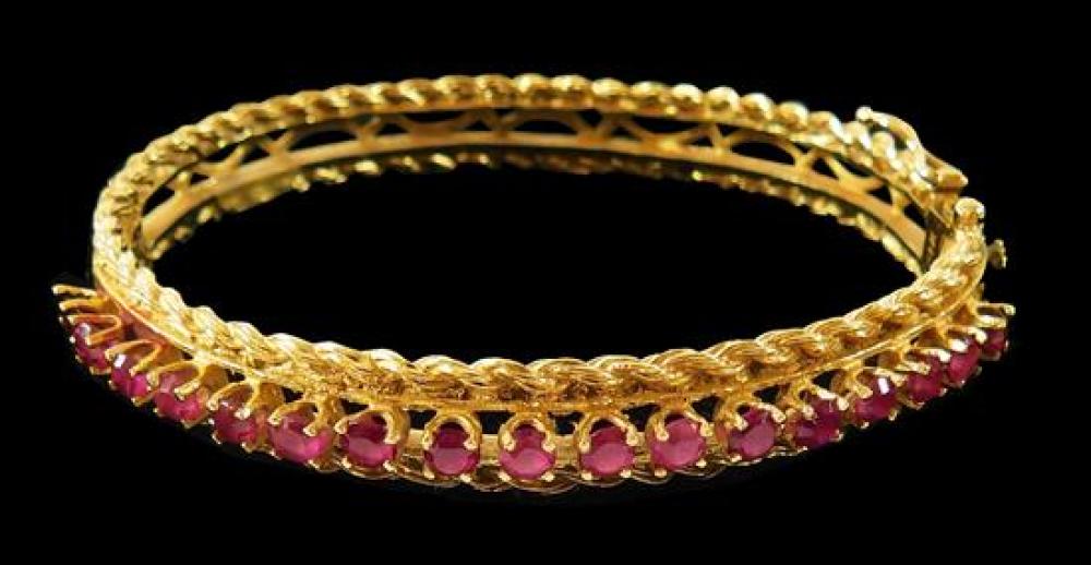 JEWELRY: 14K RUBY BANGLE