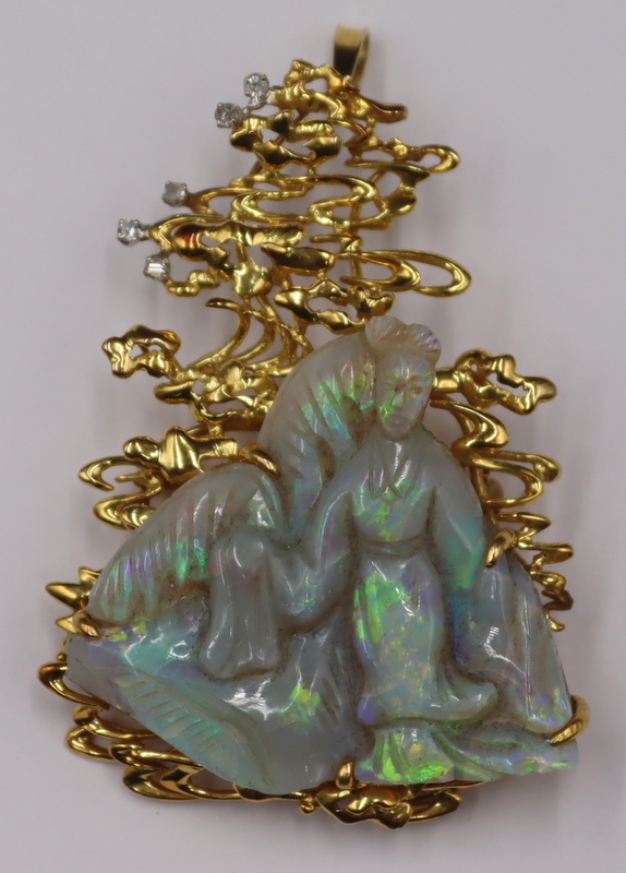 JEWELRY. 14KT GOLD, CARVED OPAL AND