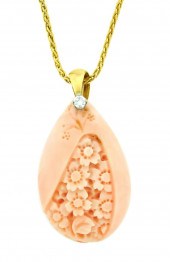 JEWELRY: 18K CARVED CORAL PEND