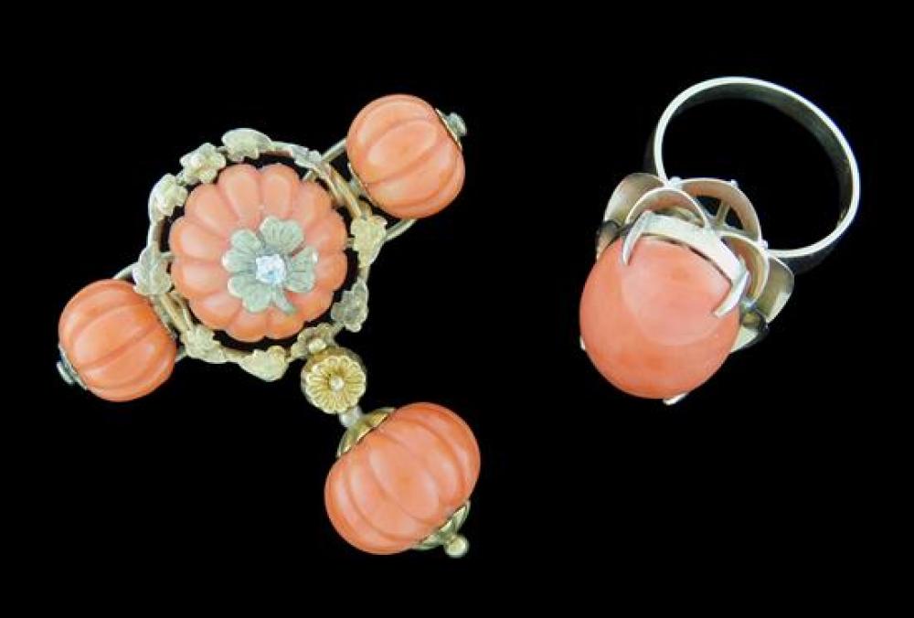 JEWELRY: 18K CORAL BROOCH AND RING: