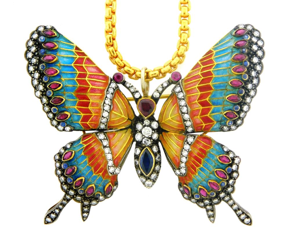 JEWELRY: 18K ENAMELED BUTTERFLY