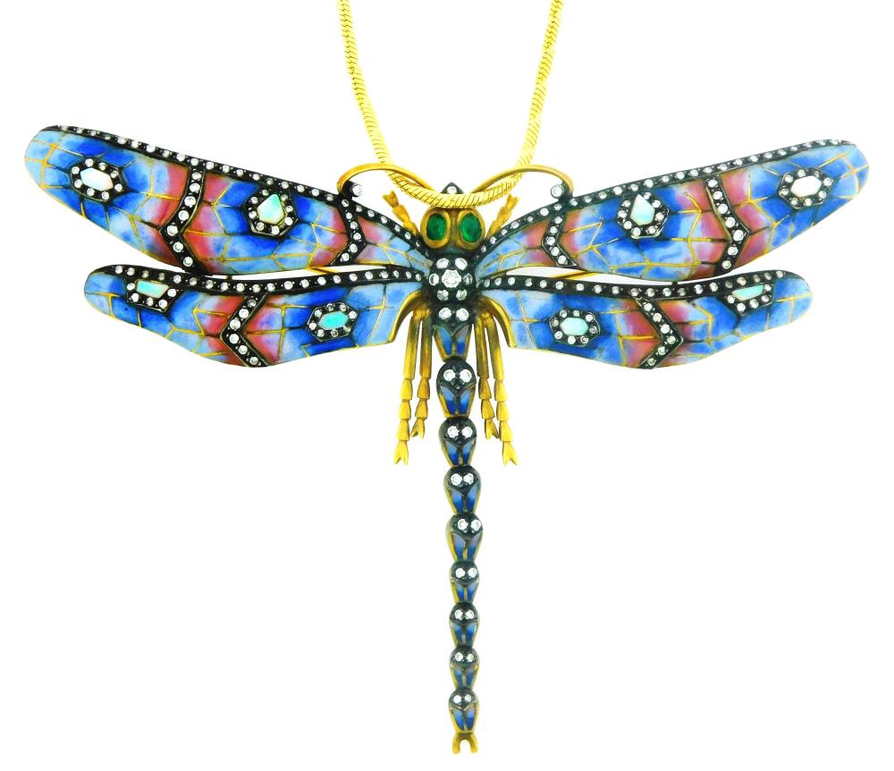 JEWELRY: 18K ENAMELED DRAGONFLY