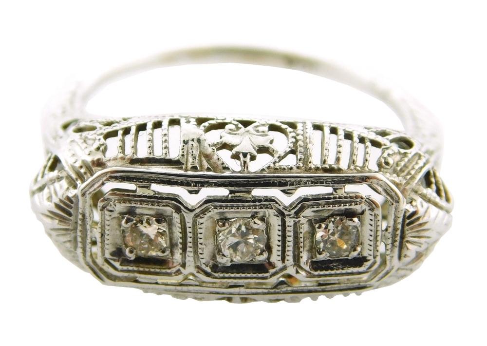 JEWELRY: 18K FILIGREE THREE DIAMOND