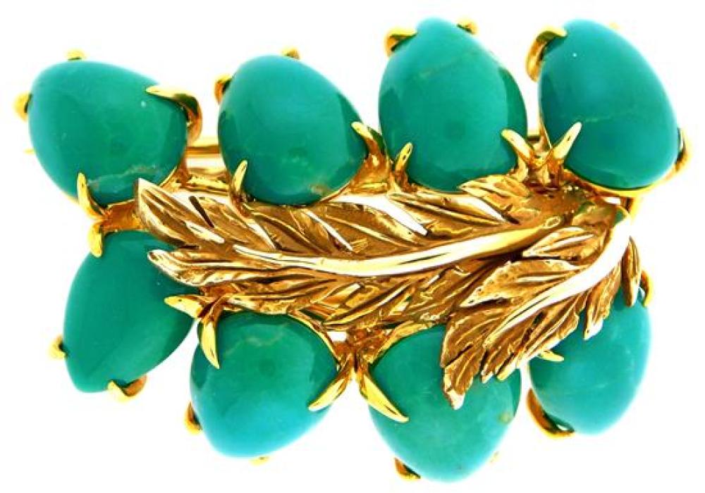 JEWELRY: 18K TURQUOISE BROOCH, LEAF