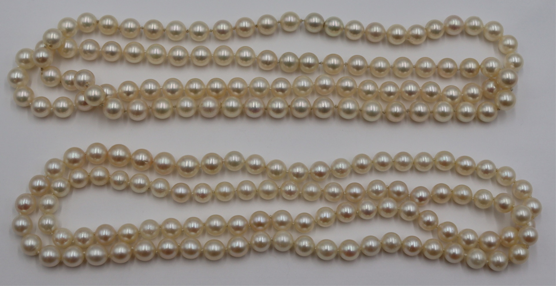 JEWELRY. (2) SINGLE STRAND PEARL