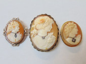 JEWELRY. 3 VINTAGE CAMEO PINS/