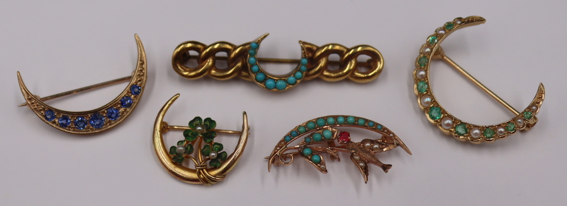 JEWELRY. (5) ASSORTED GOLD CRESCENT