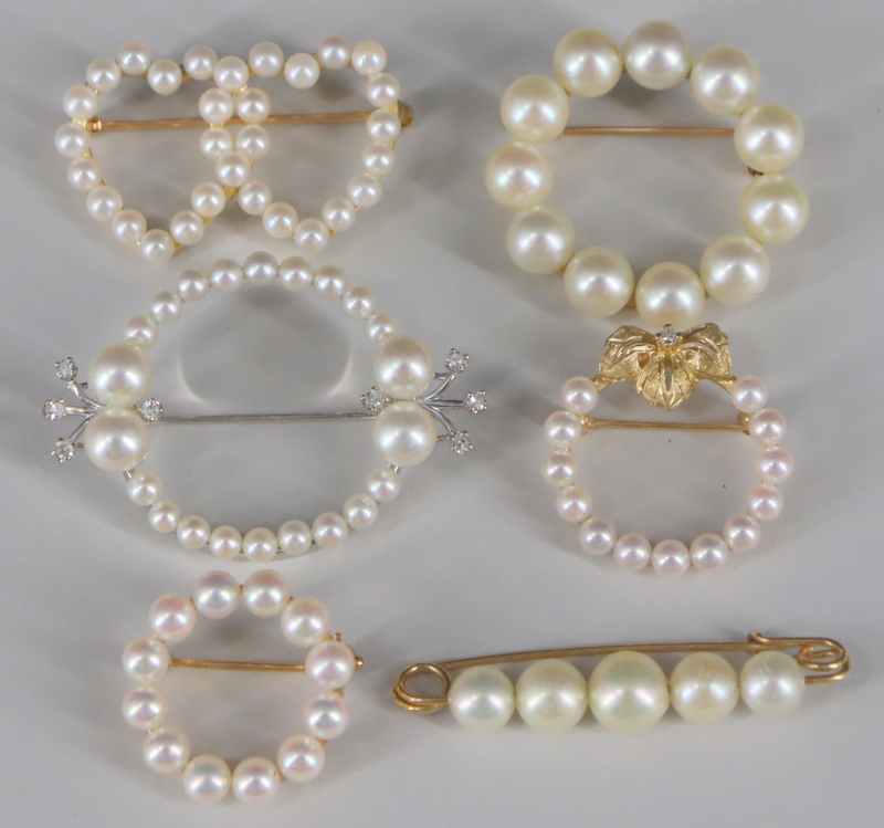 JEWELRY. (6) 14KT GOLD AND PEARL