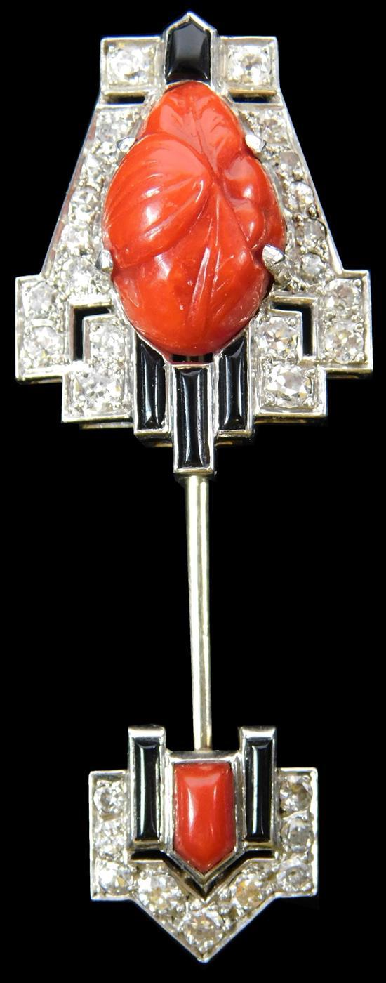 JEWELRY: ART DECO JABOT PIN, TESTED