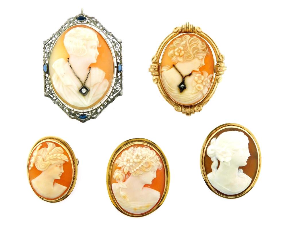 JEWELRY: FIVE GOLD CAMEOS, THREE