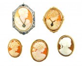 JEWELRY: FIVE GOLD CAMEOS, THR