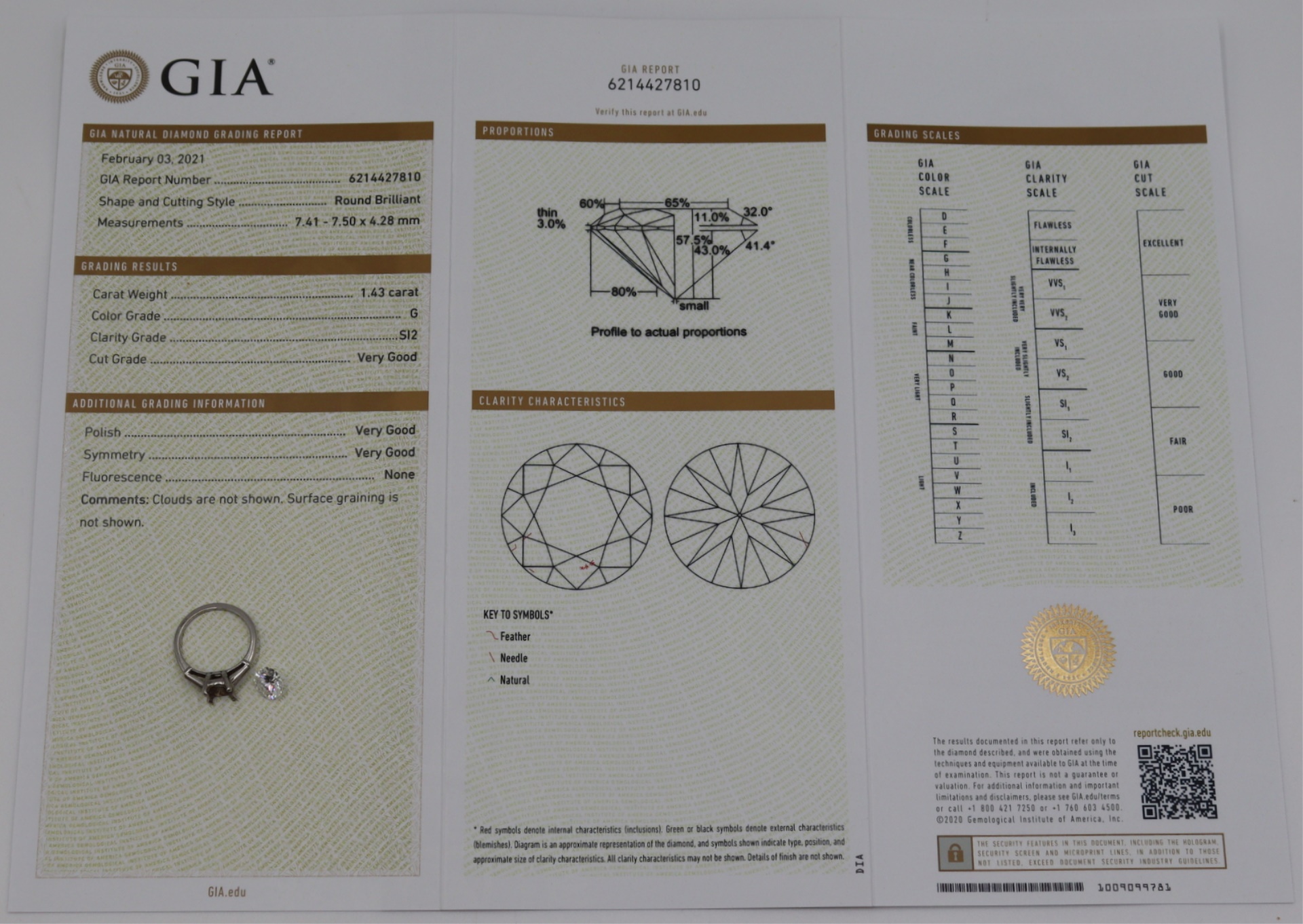 JEWELRY. GIA 1.43CT RBC DIAMOND,