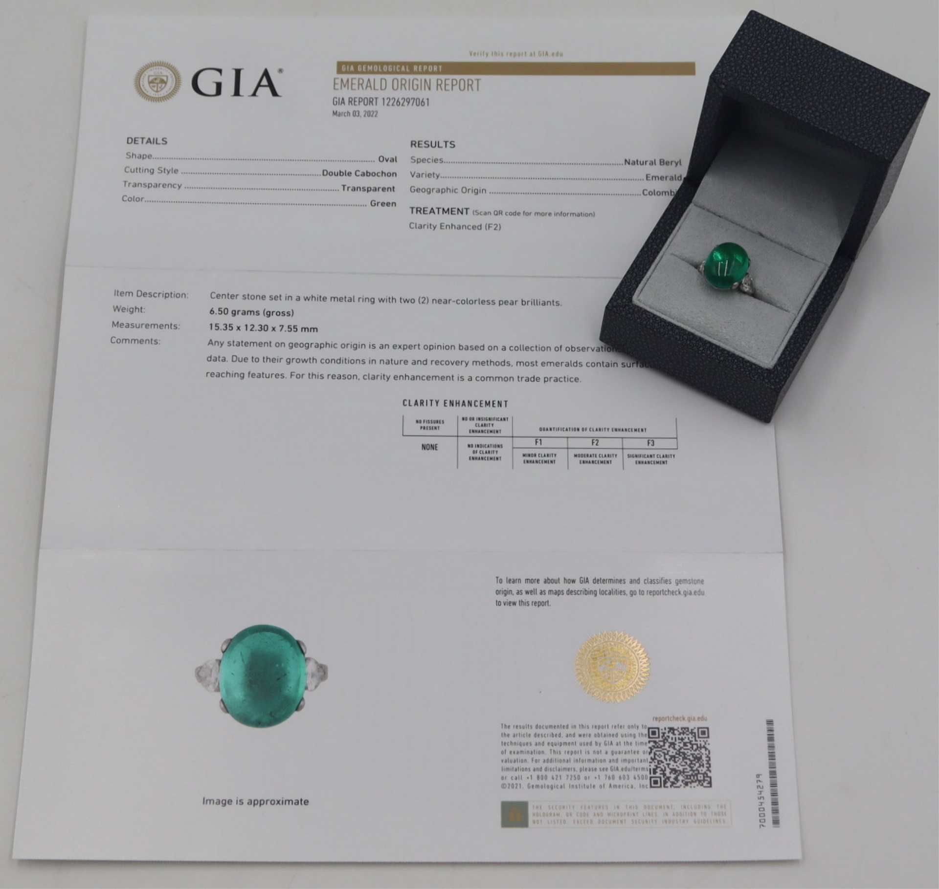 JEWELRY. GIA COLOMBIAN EMERALD, NO.