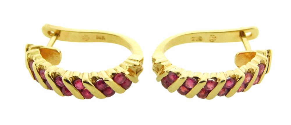 JEWELRY: PAIR OF 14K HALF HOOP RUBY