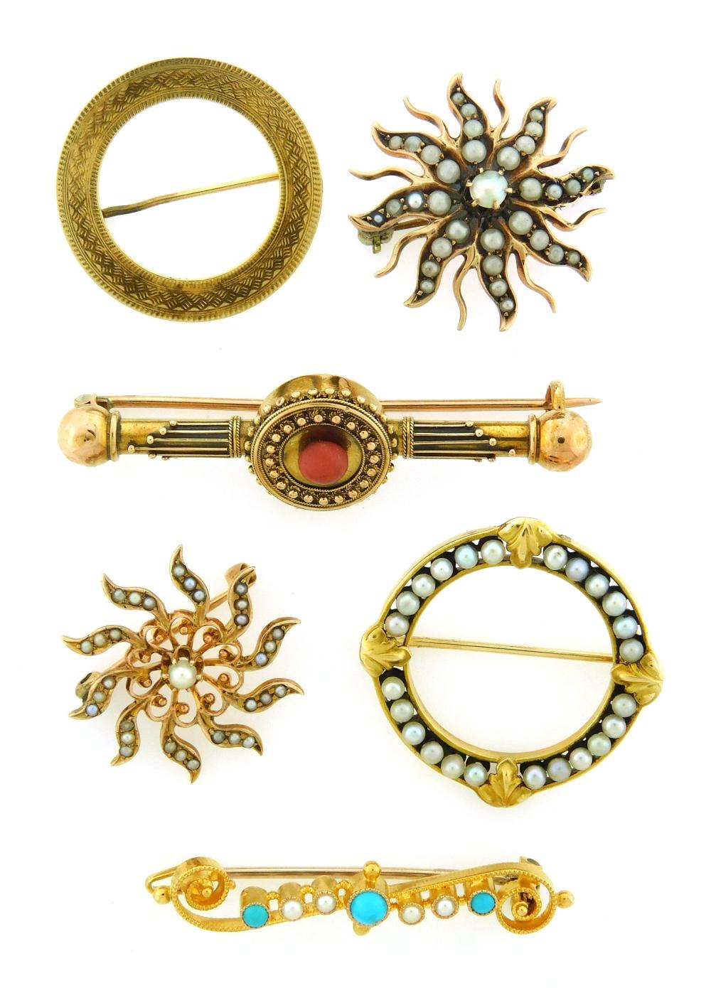 JEWELRY: SIX GOLD VINTAGE PINS, 14K