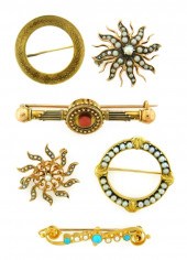 JEWELRY: SIX GOLD VINTAGE PINS