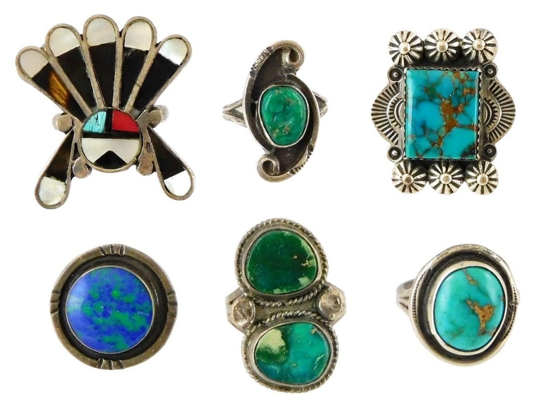JEWELRY: SIX SOUTHWEST STYLE RINGS,